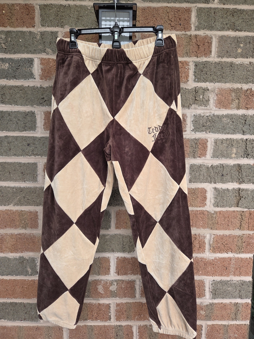 Brown & Cream Diamond-Print Velour Pants